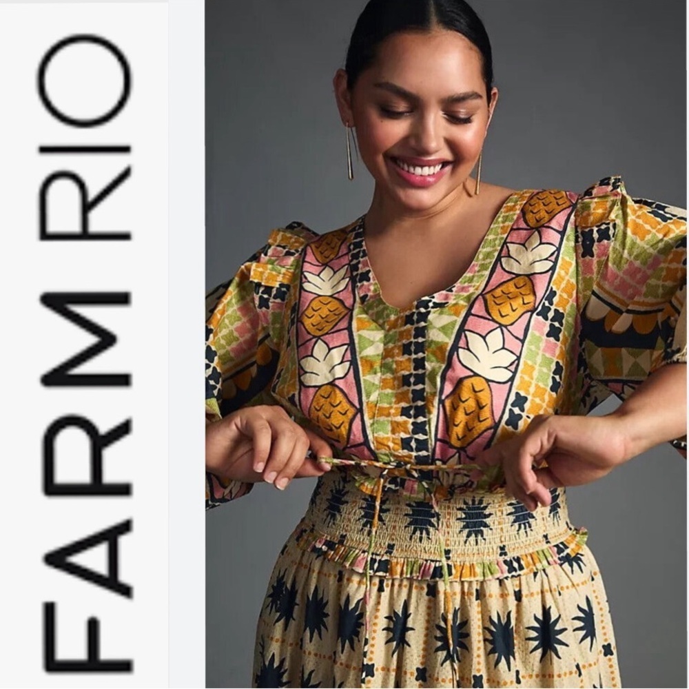 Farm Rio colorful fruit Floral Puff Sleeve Blouse Size XL - Picture 2 of 8